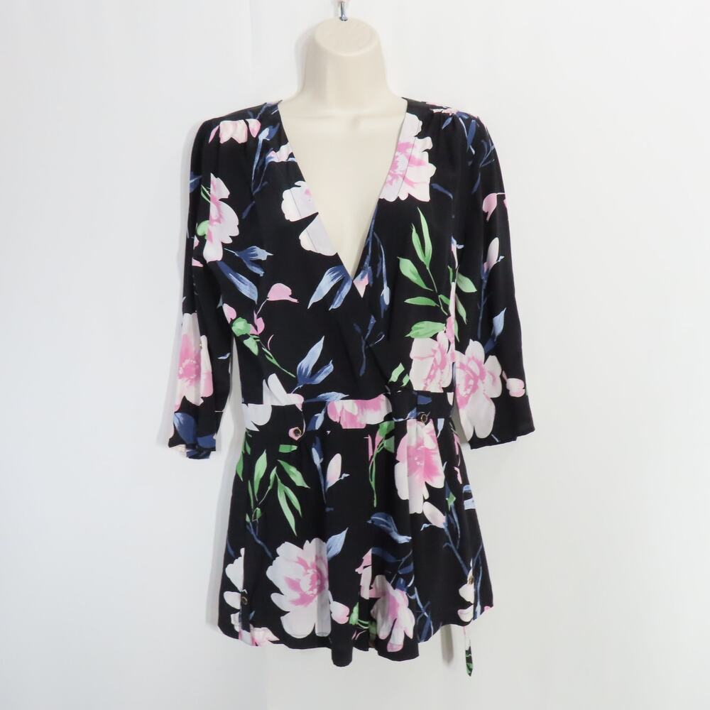 Yumi Kim Liz Romper Floral Paradise Found Black Silk Belted Surplice Size Small